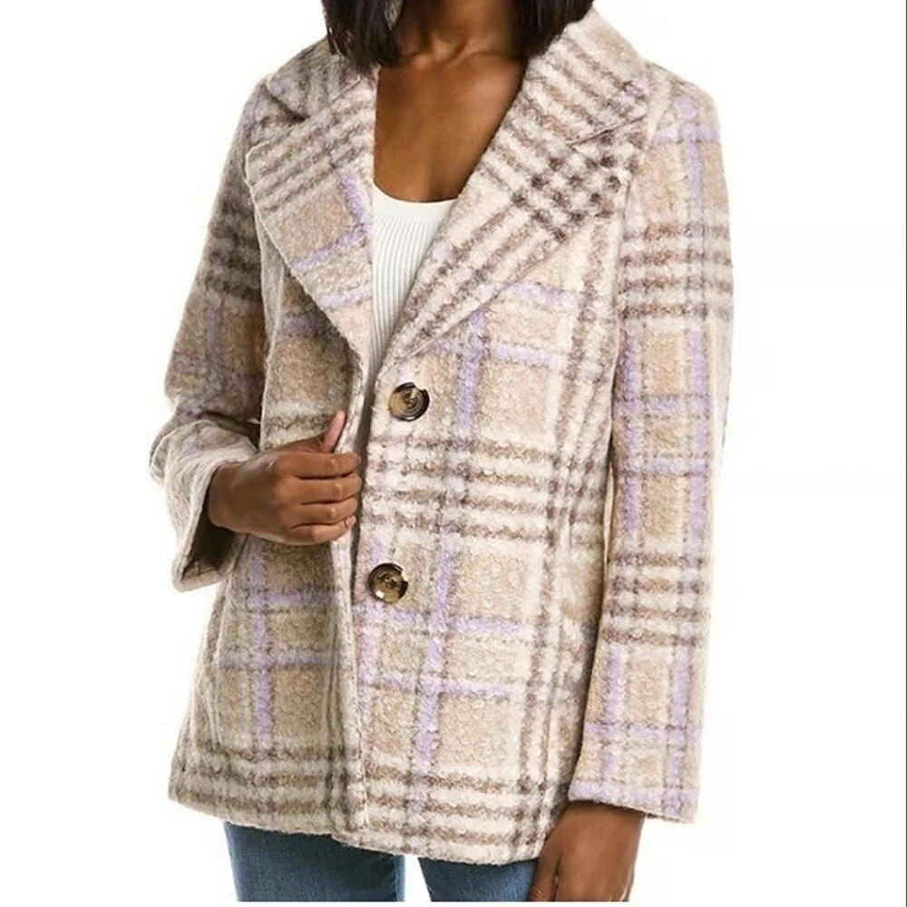 Sam Edelman Cream & Lavender Plaid Teddy Jacket Textured Blazer Coat - Picture 3 of 13